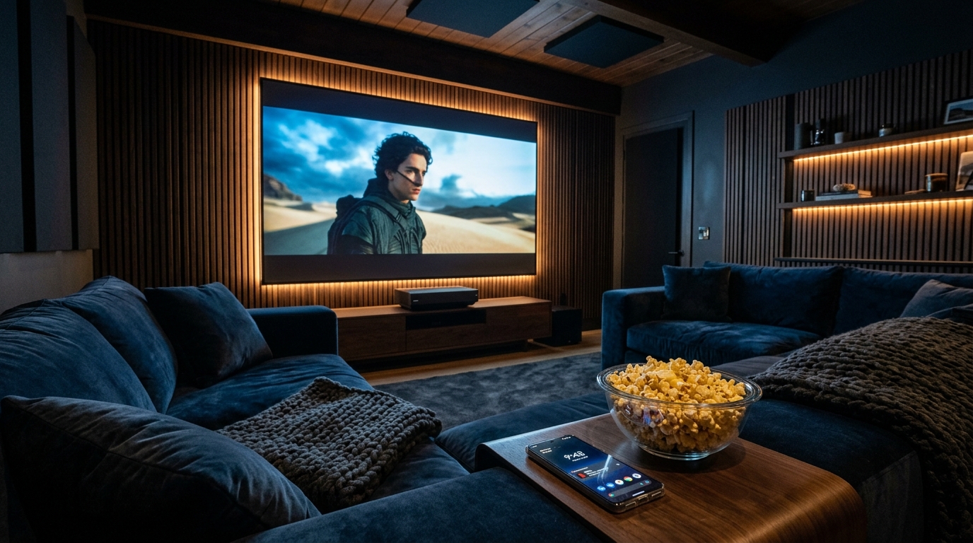 Salón de cine en casa de lujo con sofá modular, proyector láser 4K e iluminación ambiental ámbar